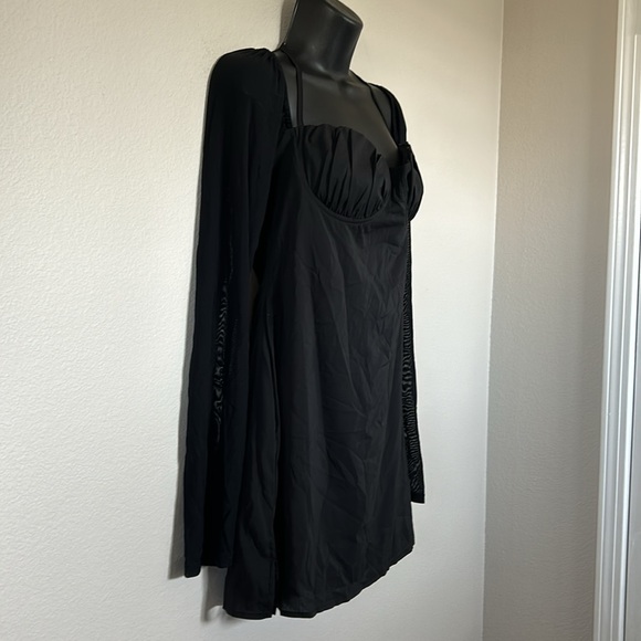 Princess Polly Dyer Black Long Sheer Sleeve Tie Neck Mini Dress - Picture 7 of 13